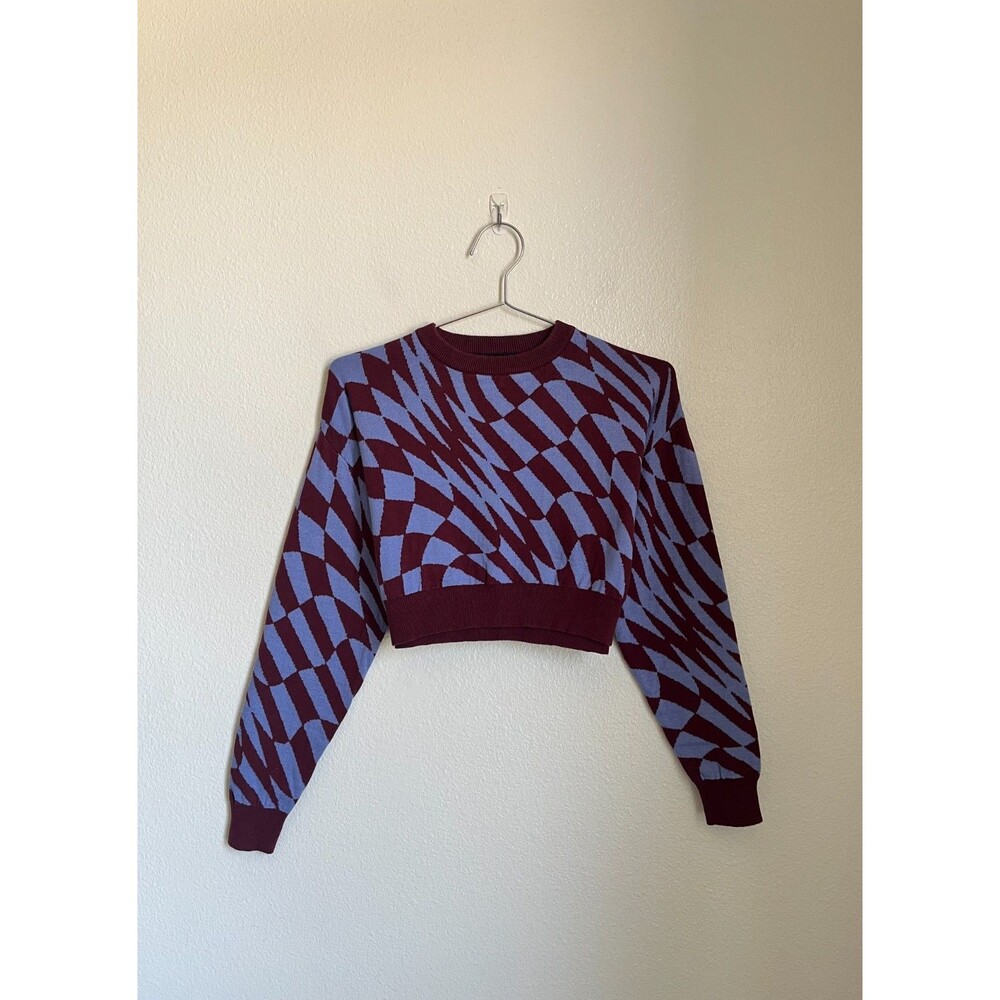 Current Mood Dolls Kill Warped Checkered Crop Sweater in Blue/Maroon Size XS